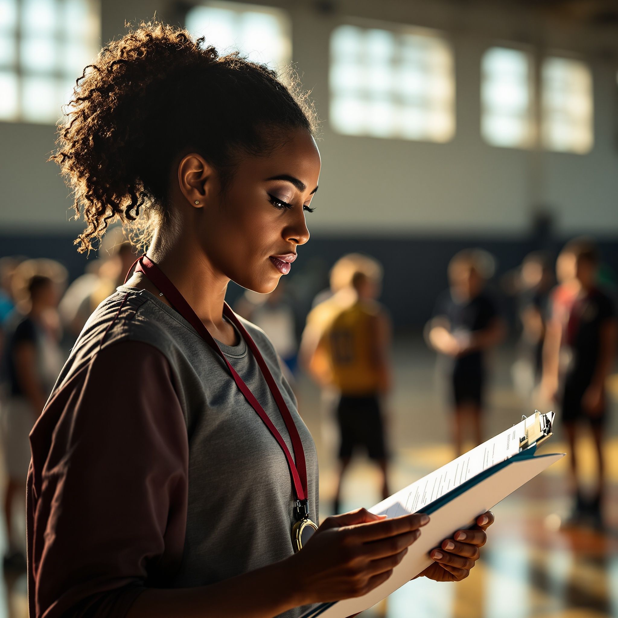Coach reviewing game film on clipboard