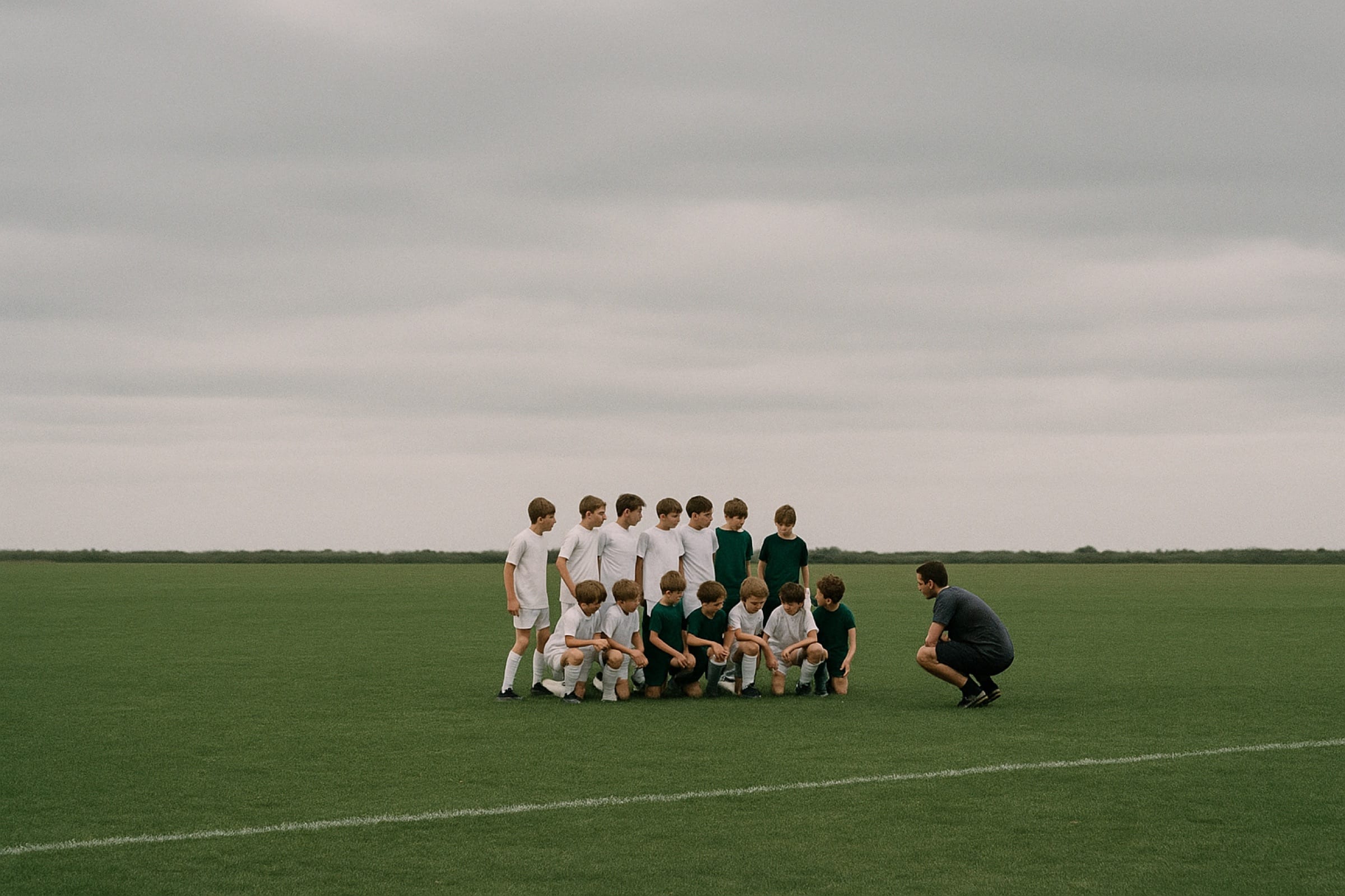A youth team arranging themselves for a team photo, seen from across the pitch. All people in Peer10 marketing imagery are synthetic.