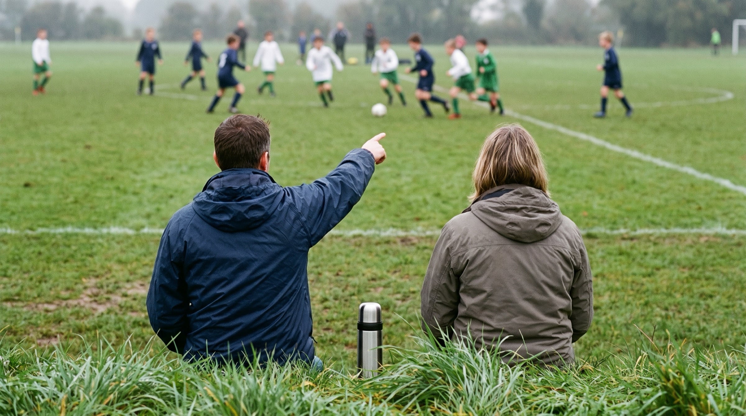 Two parents watching from the touchline, the game small in the distance. All people in Peer10 marketing imagery are synthetic.