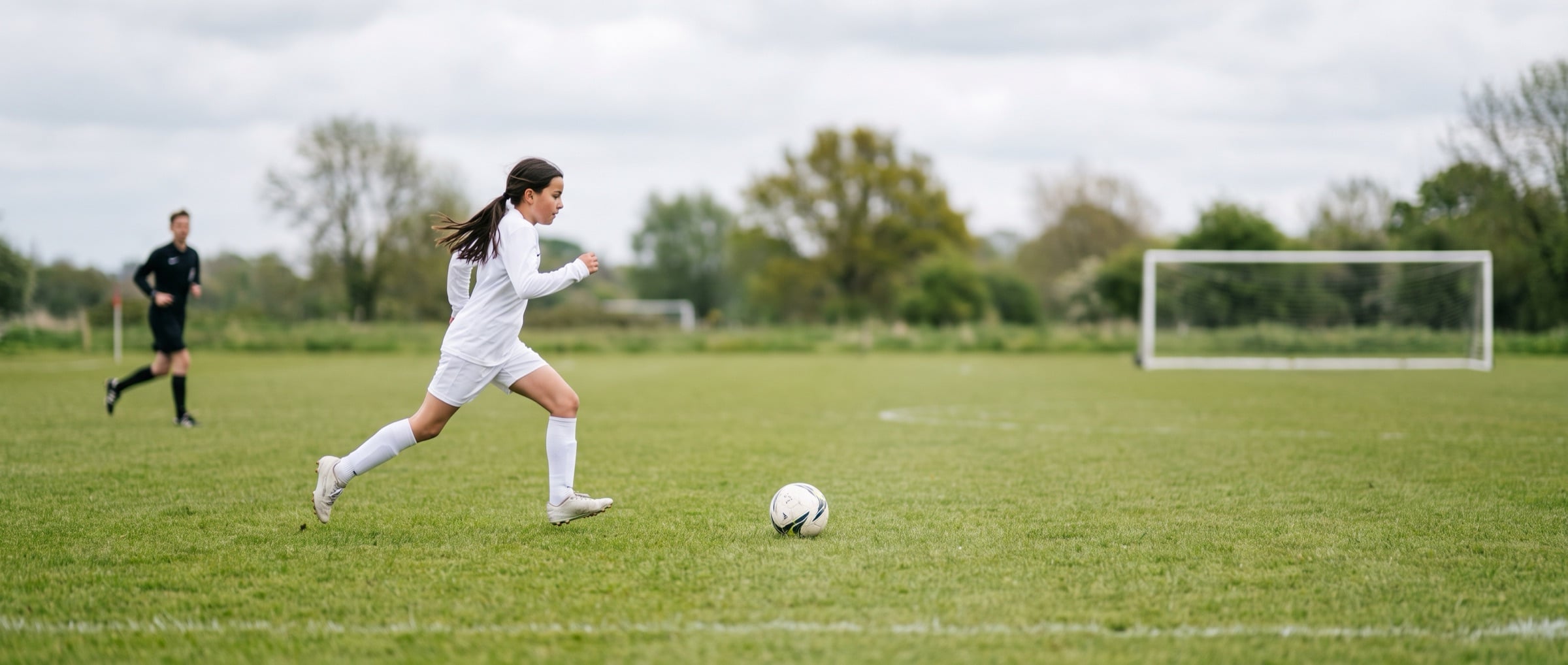 A young player on a breakaway, seen from the touchline the way a parent sees her. All people in Peer10 marketing imagery are synthetic.