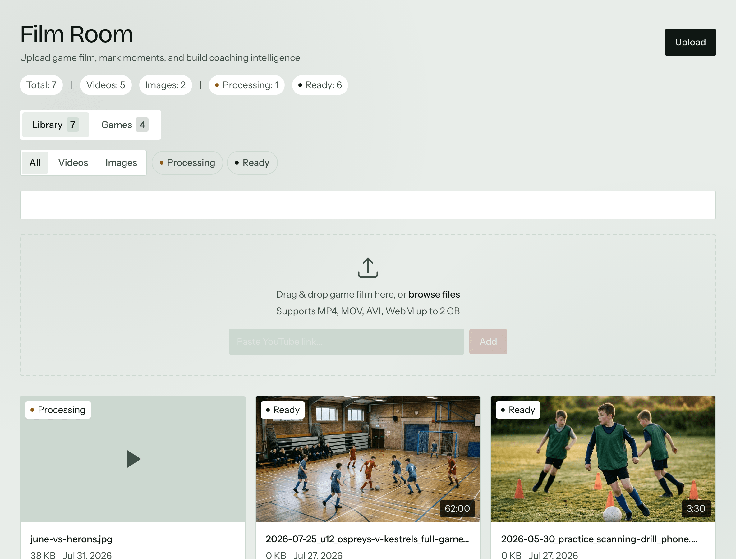 The Peer10 film room: game film organized by match, with moments and tagging.