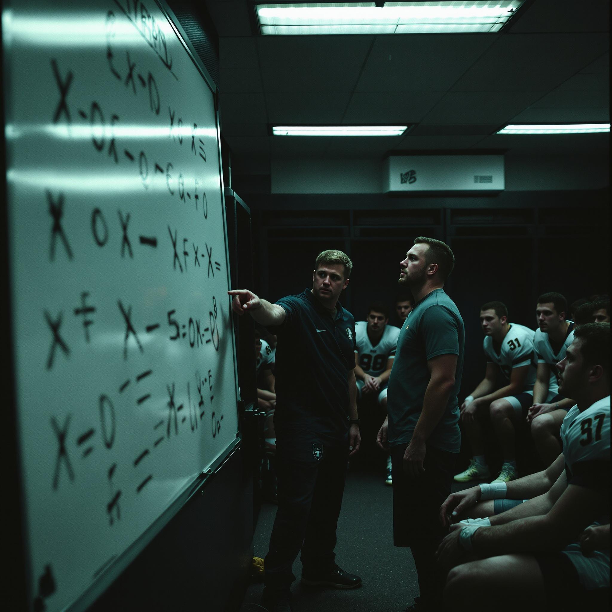 Coach drawing strategy on a whiteboard
