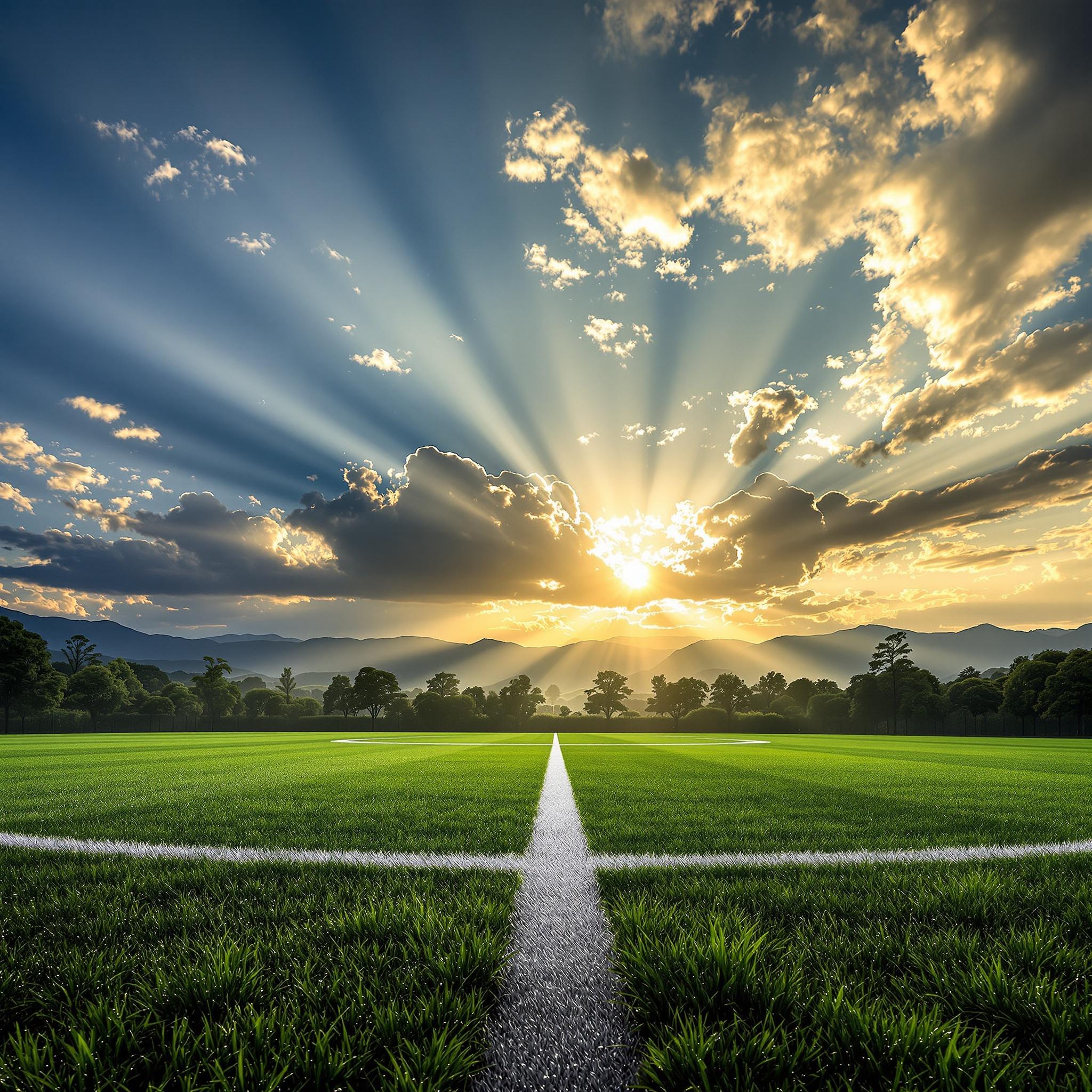 Golden hour light across a sports field