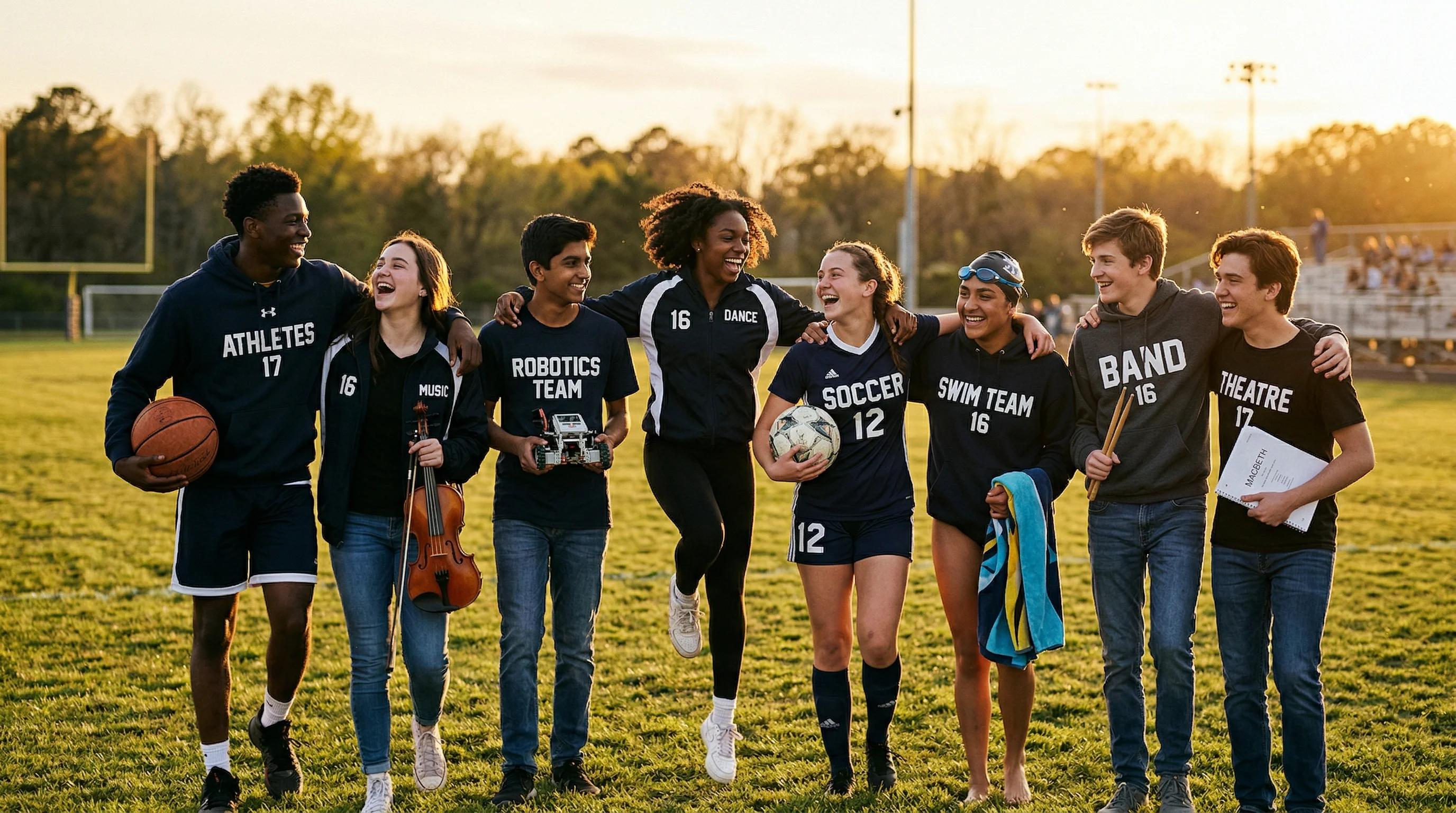 Diverse group of young athletes, musicians, and performers celebrating together