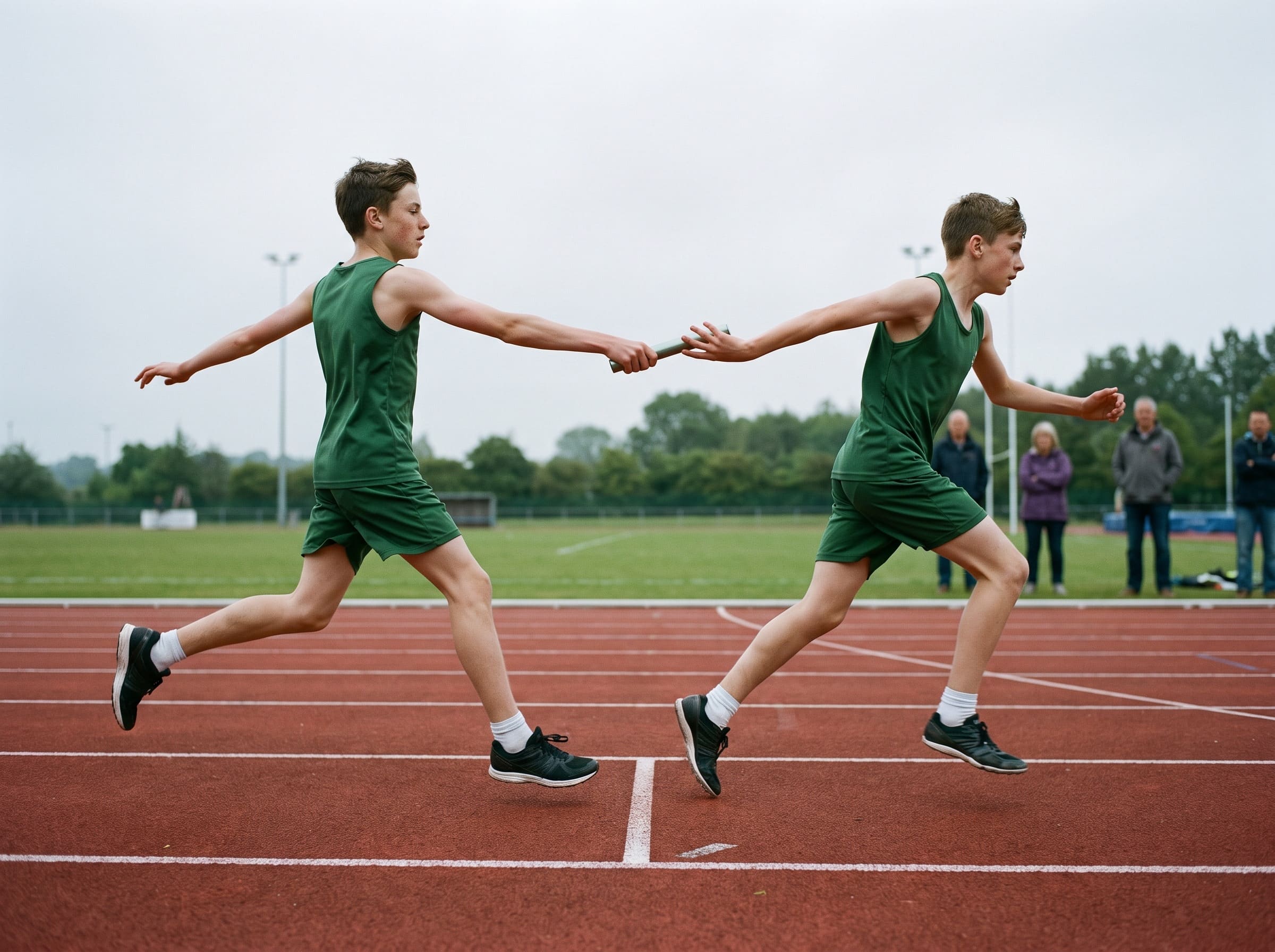 A relay handoff at a youth track meet.